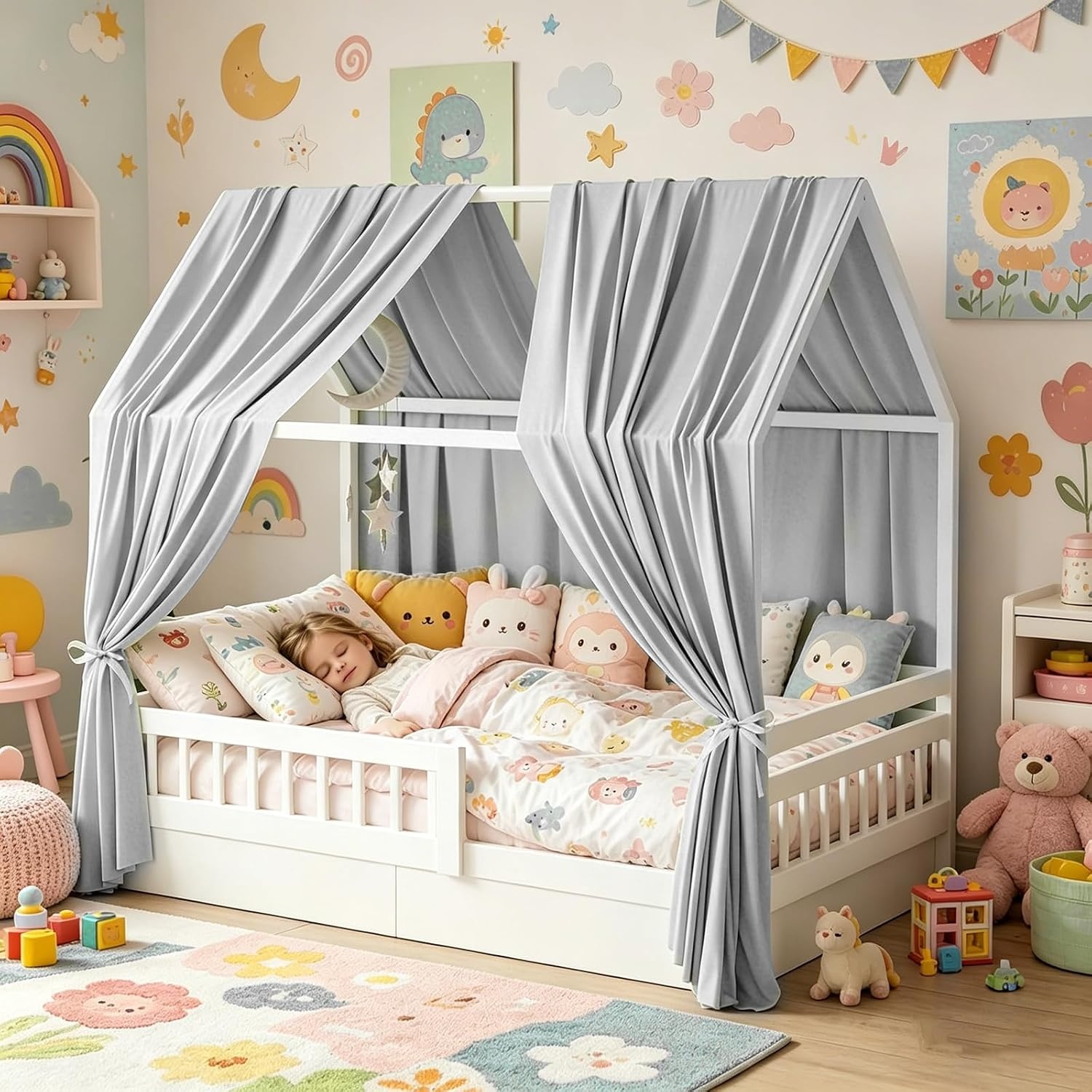 Ruioomeep Huisbed Hemel - Grijze Bedhemelset van 100% Katoen - 67 x 270 cm - 2 stuks