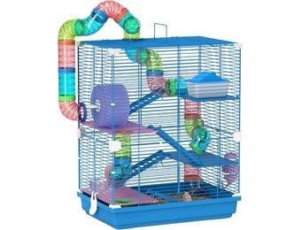 PawHut Kooi voor hamster, knaagdieren, 4 etages, met voedertunnels, wiel, ladders, afmetingen: 46 x 30 x 58 cm, blauw