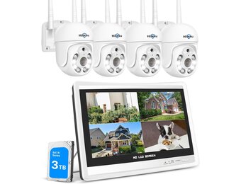 Hiseeu 5MP Beveiligingscamerasysteem met 12 inch monitor, 3TB HDD en 4 witte PTZ camera's