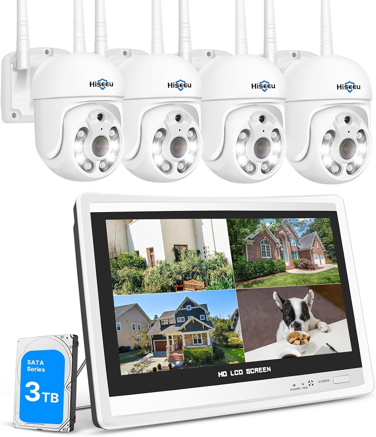 Hiseeu 5MP Beveiligingscamerasysteem met 12 inch monitor, 3TB HDD en 4 witte PTZ camera's
