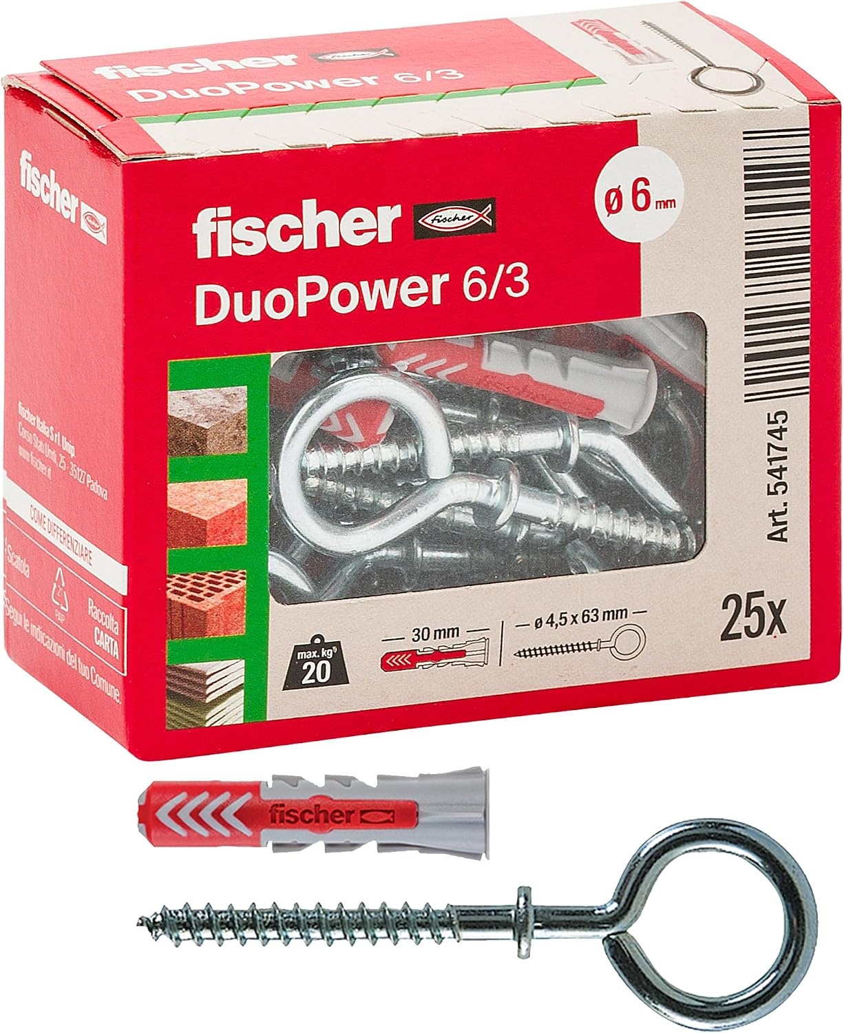Fischer DuoPower Universele Pluggen met Gesloten Oog 6 x 30 mm - Grijs/Rood - 25 stuks
