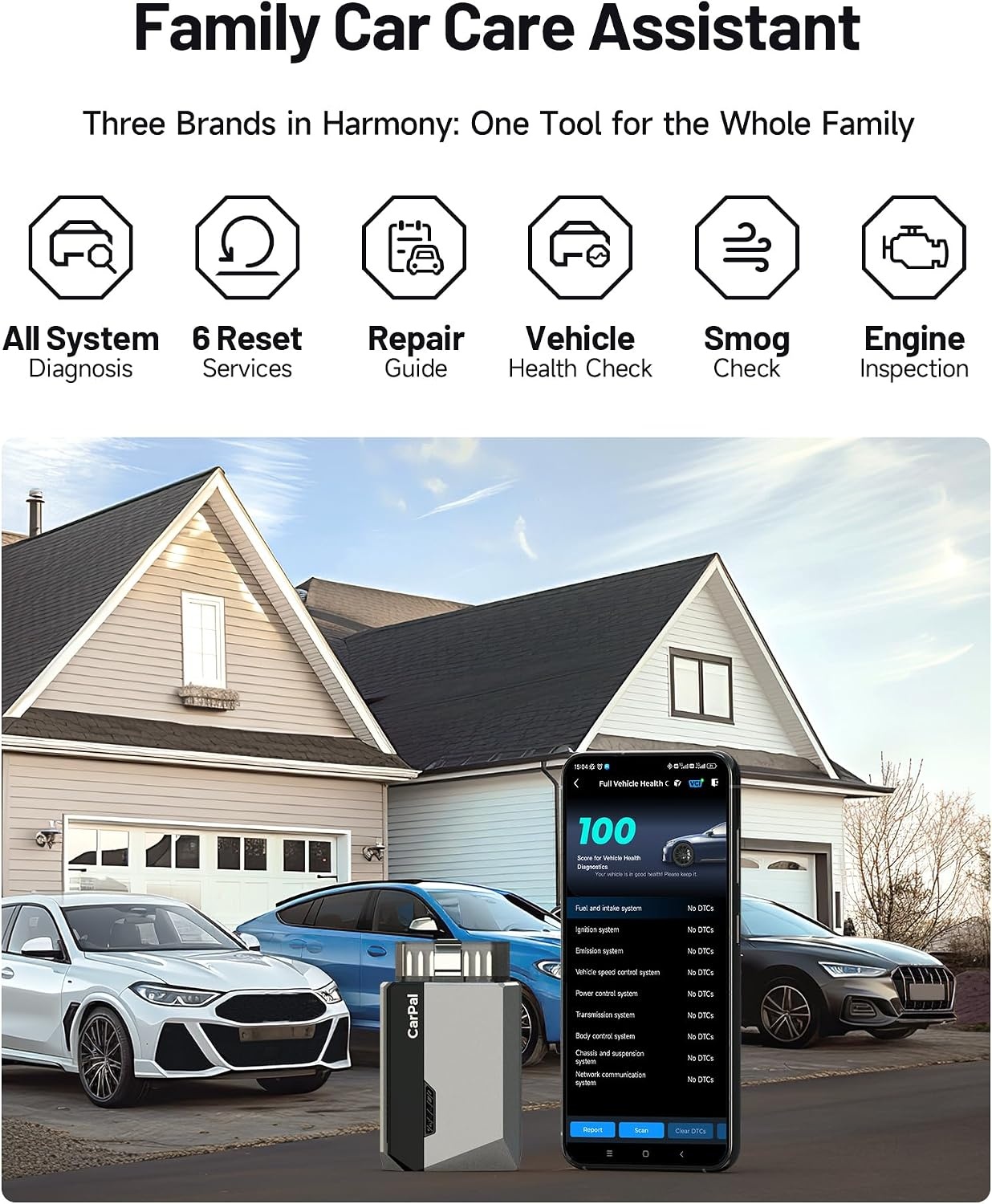 TOPDON CarPal-A OBD2 Code Reader Bluetooth, Alle Systeem OBD2 Scanner voor iOS & Android, Voertuig Health Check, 6 Onderhoudsdiensten, Smog Check, Reparatie Gids, 1 Jaar Gratis Update