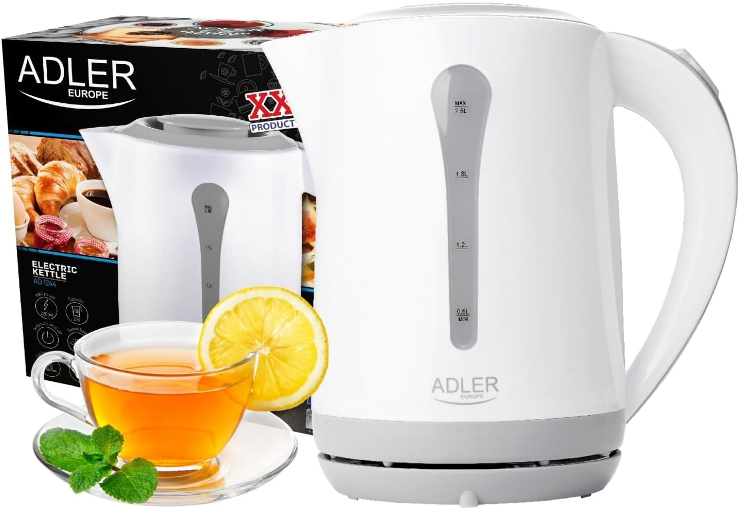 ADLER EUROPE AD 1244 Waterkoker, 2,5 l - 2200 W, elektrisch, voor 8-9 personen, automatische uitschakeling, droogkookbeveiliging, filter, 360 graden draaibaar, waterniveau-indicator, platte bodem, wit