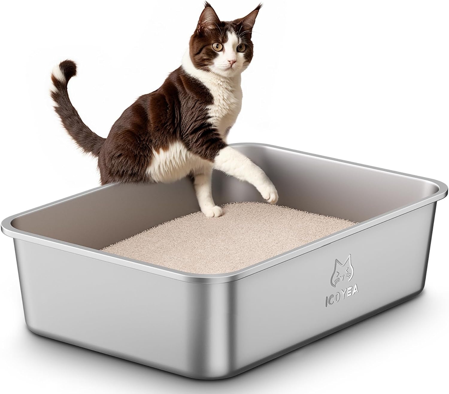 Grote Kattenbak van Roestvrij Staal, Open XXL Kattenbak, Metalen Kattenbakken voor Katten van Alle Maten en Konijnen, met Antiaanbaklaag, Geurvrij en Gemakkelijk Schoon te Maken, 50x35x15cm