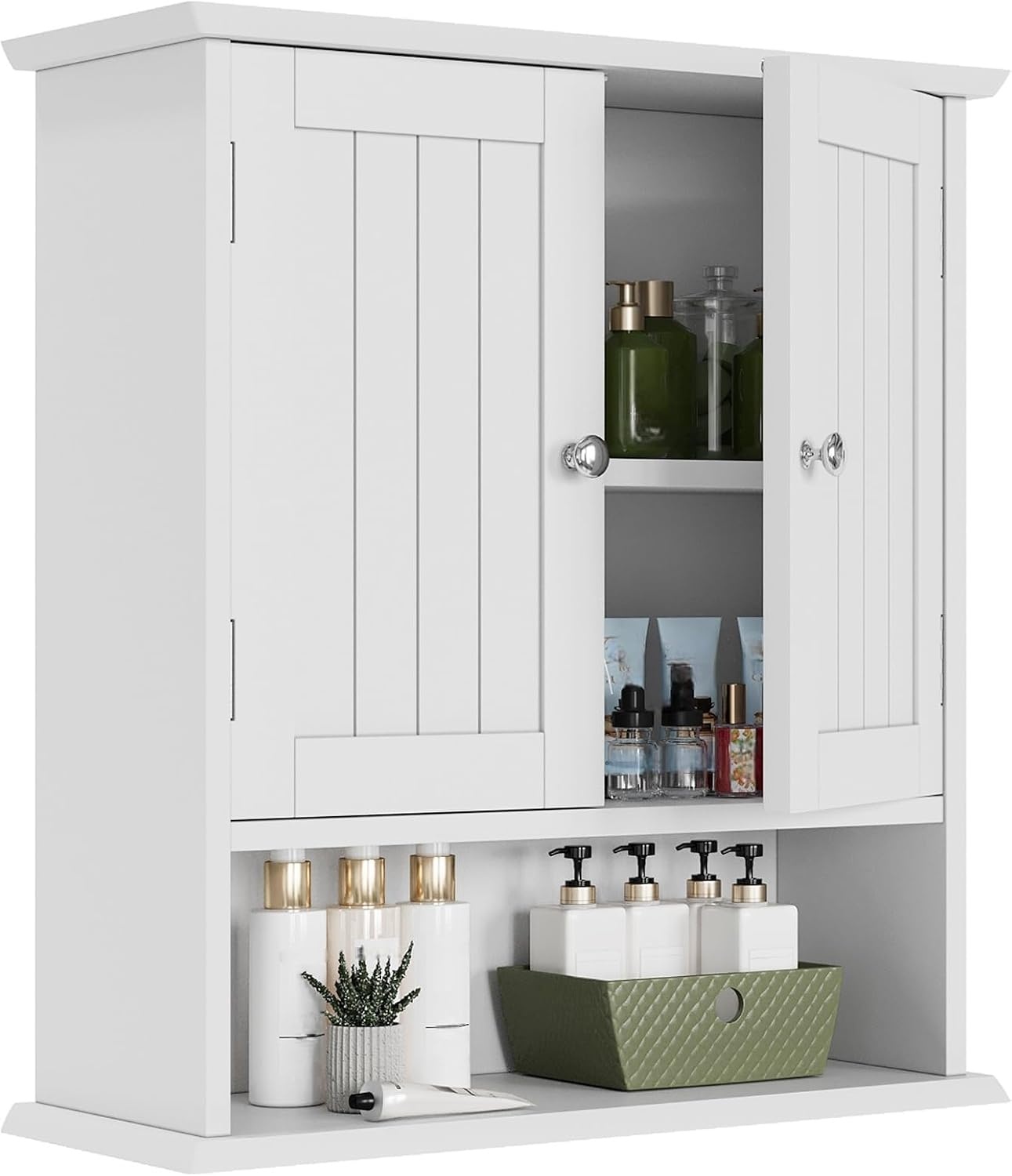 Smuxee Witte badkamerkast wandmontage met 2 deuren en 5 verstelbare planken, medicijnkast voor nauwe ruimtes, over-the-toilet kast voor badkamer/wasruimte/keuken