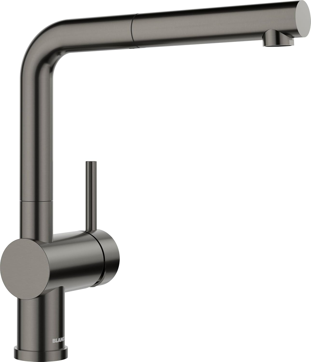 BLANCO LINUS-S Keukenkraan in satijn dark steel | hoge druk | met uittrekbare slang | terugslagklep | keramische cartridge | beveiligde waterkwaliteit en waterbesparend