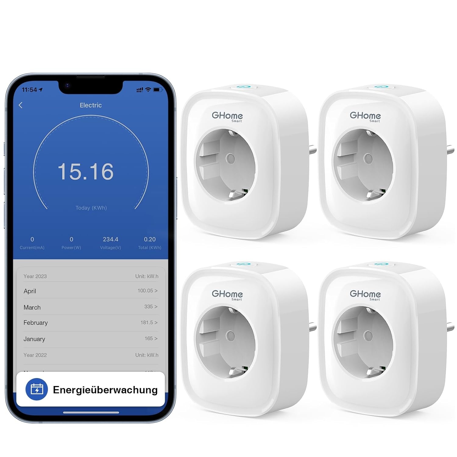 Gosund Smart WiFi-aansluiting 16A, WiFi-aansluiting 4-pack, Smart Home-stekker, werkt met Alexa Google Home, meet het stroomverbruik, stembedieningstimer, ALLEEN op 2,4 GHz WiFi 230V ||50/60Hz || 20-45°C, wit