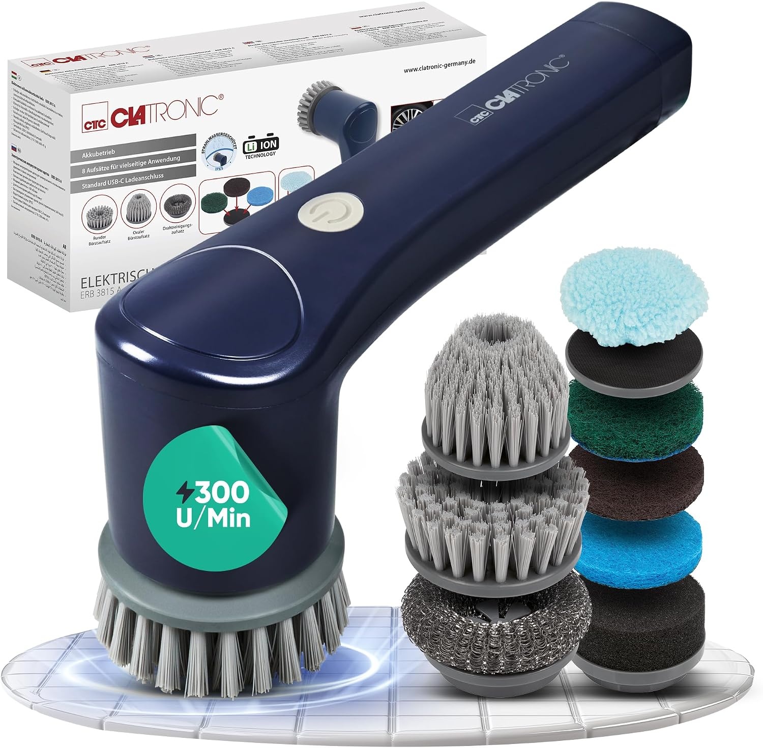 Clatronic Elektrische Reinigingsborstel - Blauw - met 8 Opzetstukken en Accu