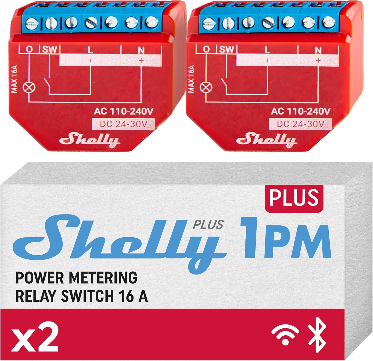 Shelly Plus 1PM, WLAN & Bluetooth Relaisschakelaar met Stroommeting, Smart Home, Werkt met Alexa/Google Home, iOS & Android App, Geen Hub Nodig, DIY Lampbediening, 2 pak - Maat 2 Stucks