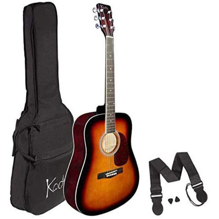 Koda 4/4 Acoustic Guitar Pack, Dreadnought Spruce Top, Gig Bag, Strap, Picks - Sunburst