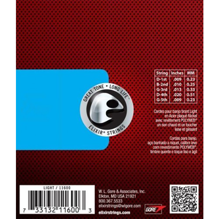Elixir Polyweb Banjo Elix11600 Light 5 String Banjo Strings Nickel