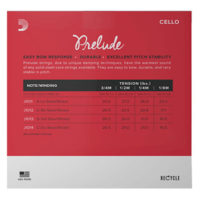 D'Addario J1010 3/4 Medium Tension Cello Strings Steel Core