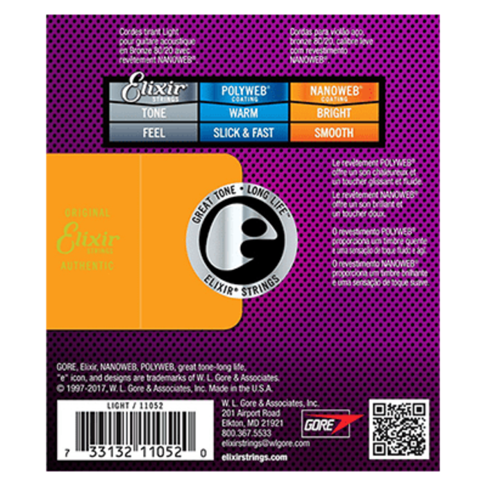 Elixir Nanoweb Light 11052 12-53 Acoustic Guitar Strings Bronze