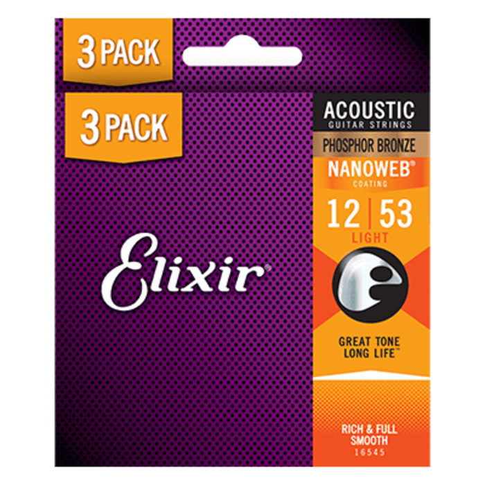 Elixir Nanoweb 16545 12-53 Bonus Pack Acoustic Guitar Strings Phosphor Bronze