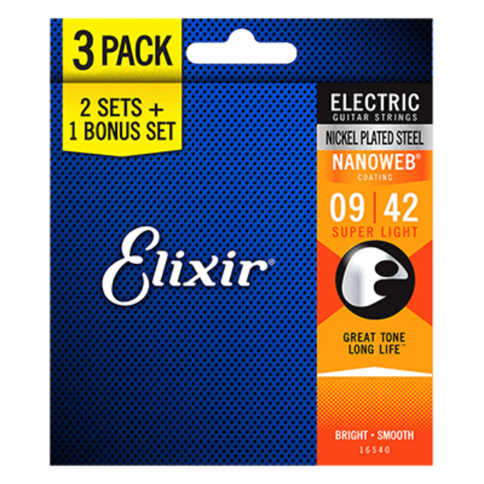 Elixir Nanoweb 16540 09-42 Electric Guitar Strings Bonus Pack Nickel