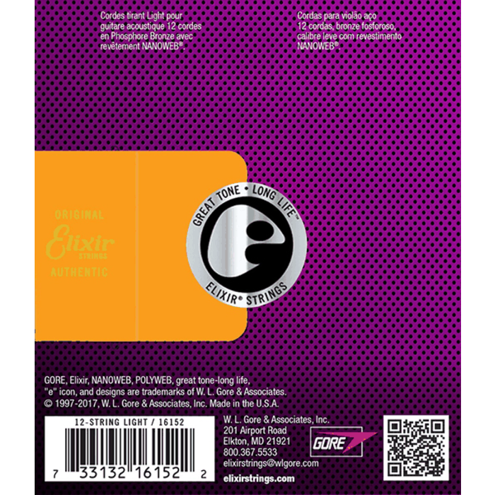 Elixir Nanoweb 16152 10-47 12 String Light Acoustic Guitar Strings Phosphor Bronze