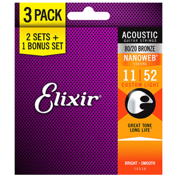 Elixir Nanoweb 16538 011 13-56 Acoustic Guitar Strings Bonus Pack Bronze