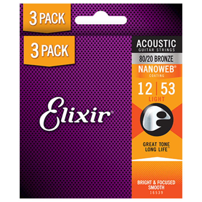 Elixir Nanoweb 16539 12-53 Acoustic Guitar Strings Bonus Pack  Bronze