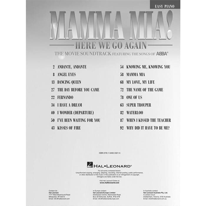Abba Mamma Mia Here We Go Again! Easy Piano Book