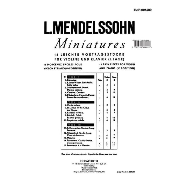 Mendelssohn: 15 Miniatures For Violin And Piano Vol 1