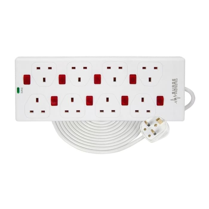 Mercury 8 Gang 2M Extension Lead With Surge Protection and 8 Neon Switches