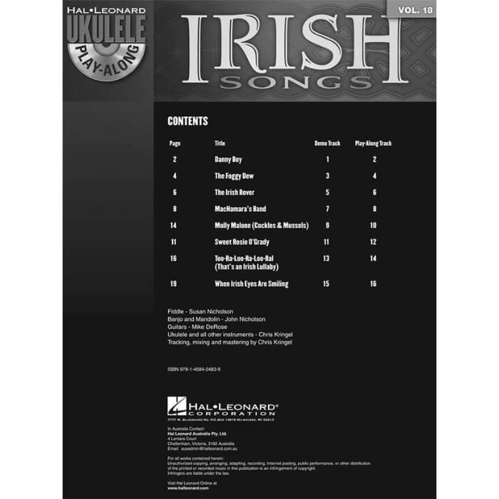 Ukulele Play-Along Volume 18 Irish Songs Ukulele Book/CD