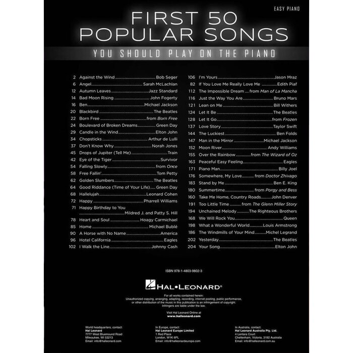 First 50 Popular Songs You Should Play On The Piano Easy Pf Bk