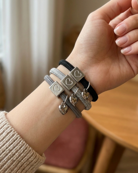 10 BRACELETS NOIR ELASTIQUES POUR CHEVEUX CHARMS ARGENT