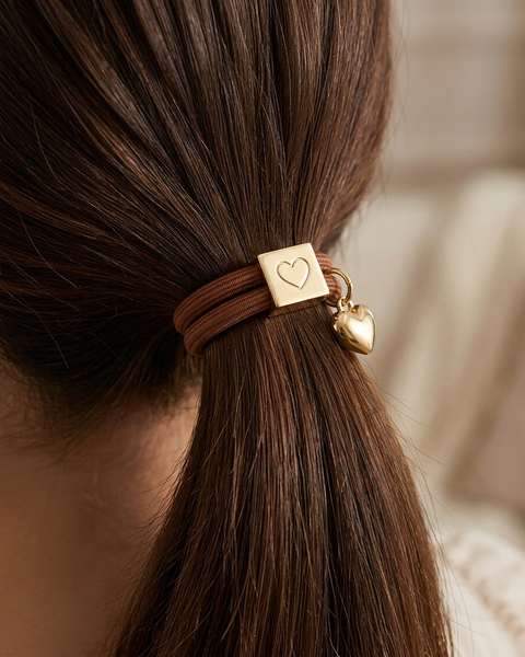 10 BRACELETS ELASTIQUES POUR CHEVEUX MARRON COEUR