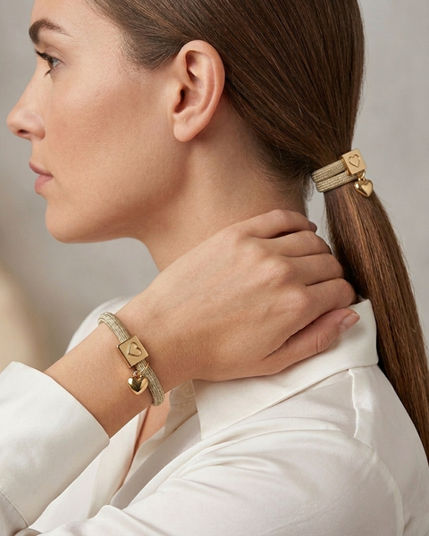 10 BRACELETS ELASTIQUES POUR CHEVEUX A SCINTILLER EN OR COEUR