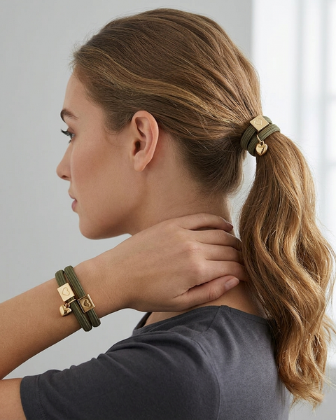 10 BRACELETS ELASTIQUES POUR CHEVEUX OLIVE COEUR