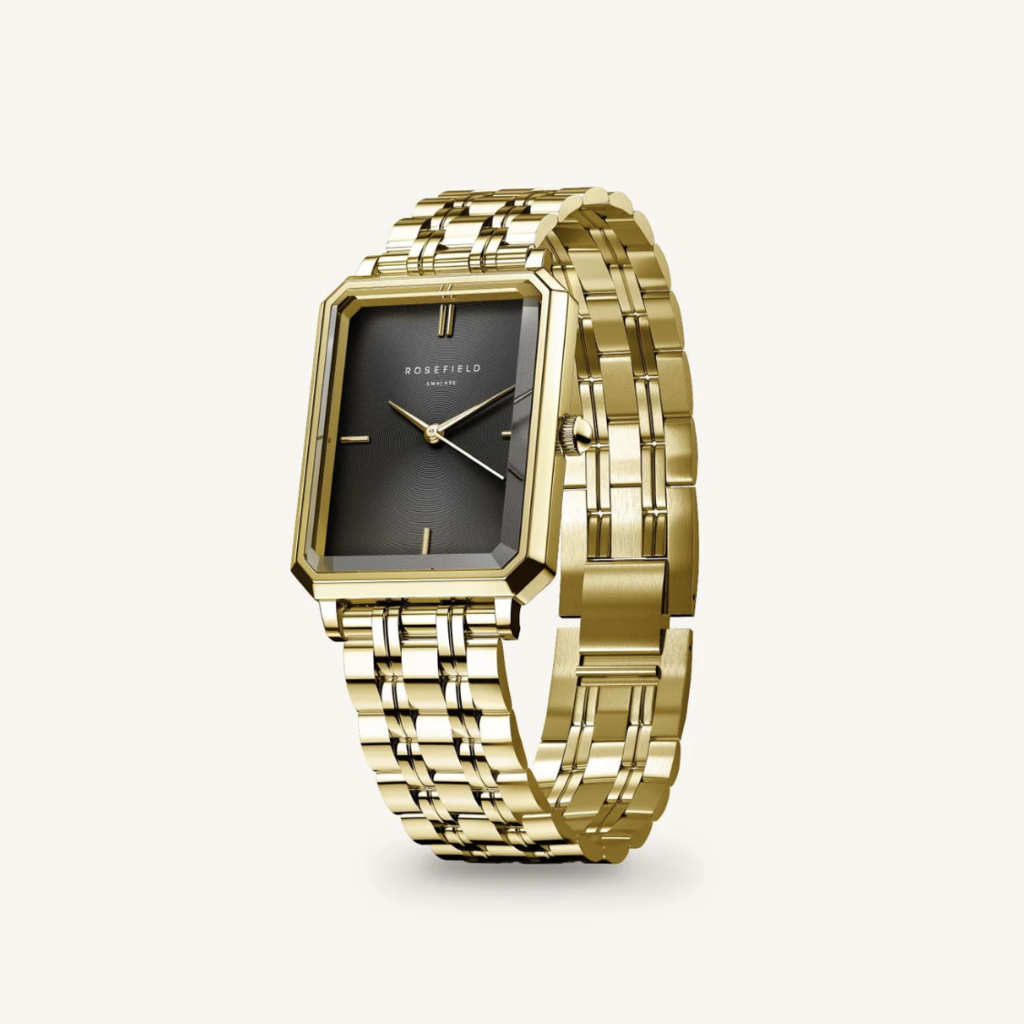 Rosefield Rosefield OBGSG-O61 Octagon XS Black Sunray Steel Gold dames horloge