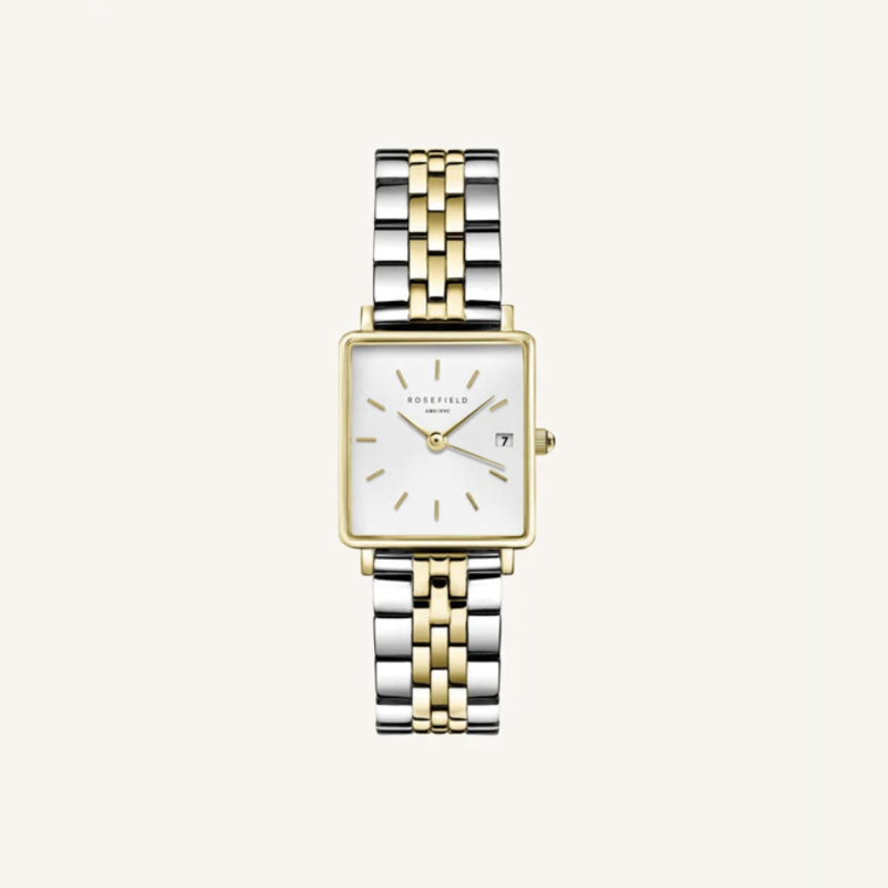 Rosefield Rosefield QMWSSG-Q023 The Mini Boxy White Sunray Steel Silver Gold Duo dames horloge