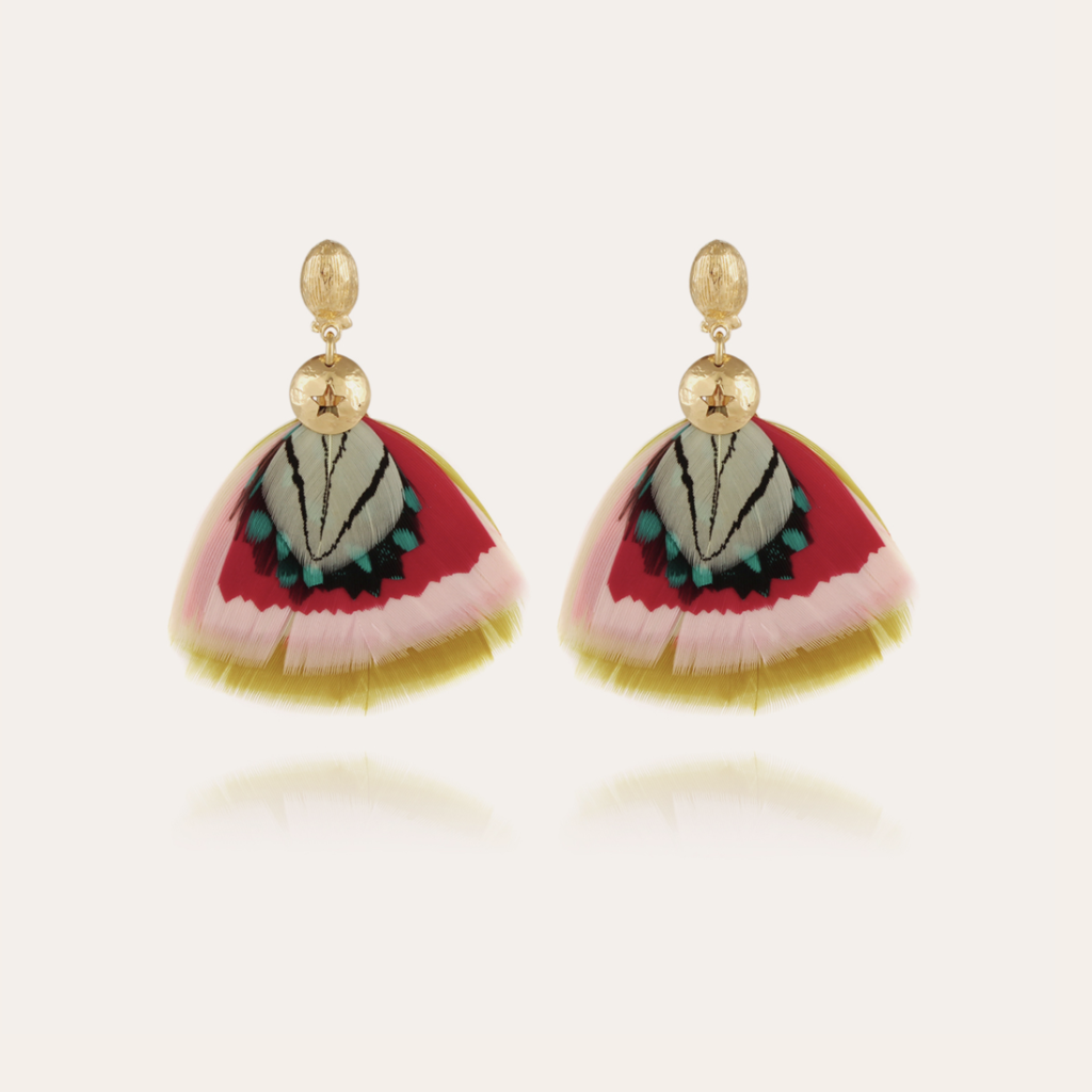 Gas Bijoux Jewelry Gas Bijoux veren oorbellen Bermudes Earrings gold yellow red - L 6 cm - W 4 cm