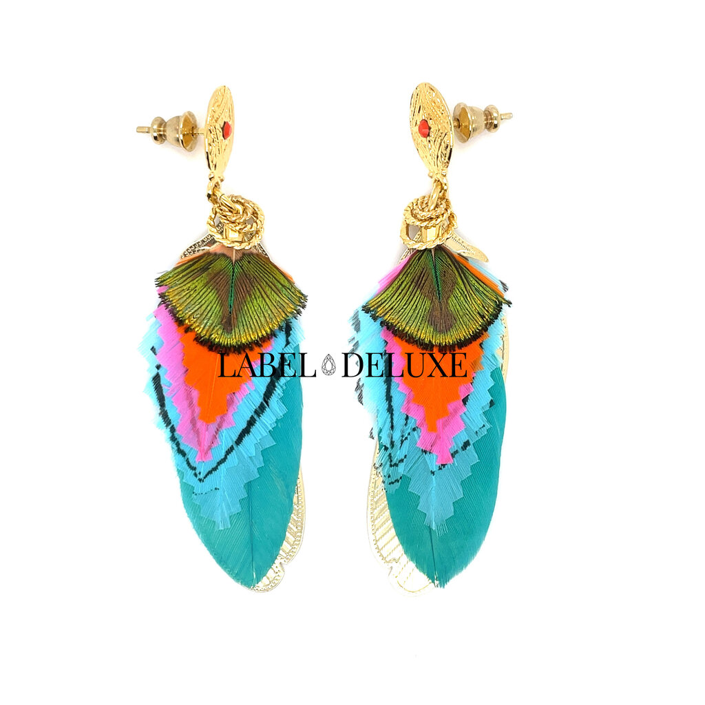 Gas Bijoux Gas Bijoux 162160 Sao earrings small size feathers gold blue orange pauw