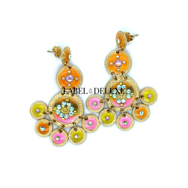 Gas Bijoux Jewelry Gas Bijoux oorbellen 161819 Sequin triple rows earrings gold orange pink 5,5 cm
