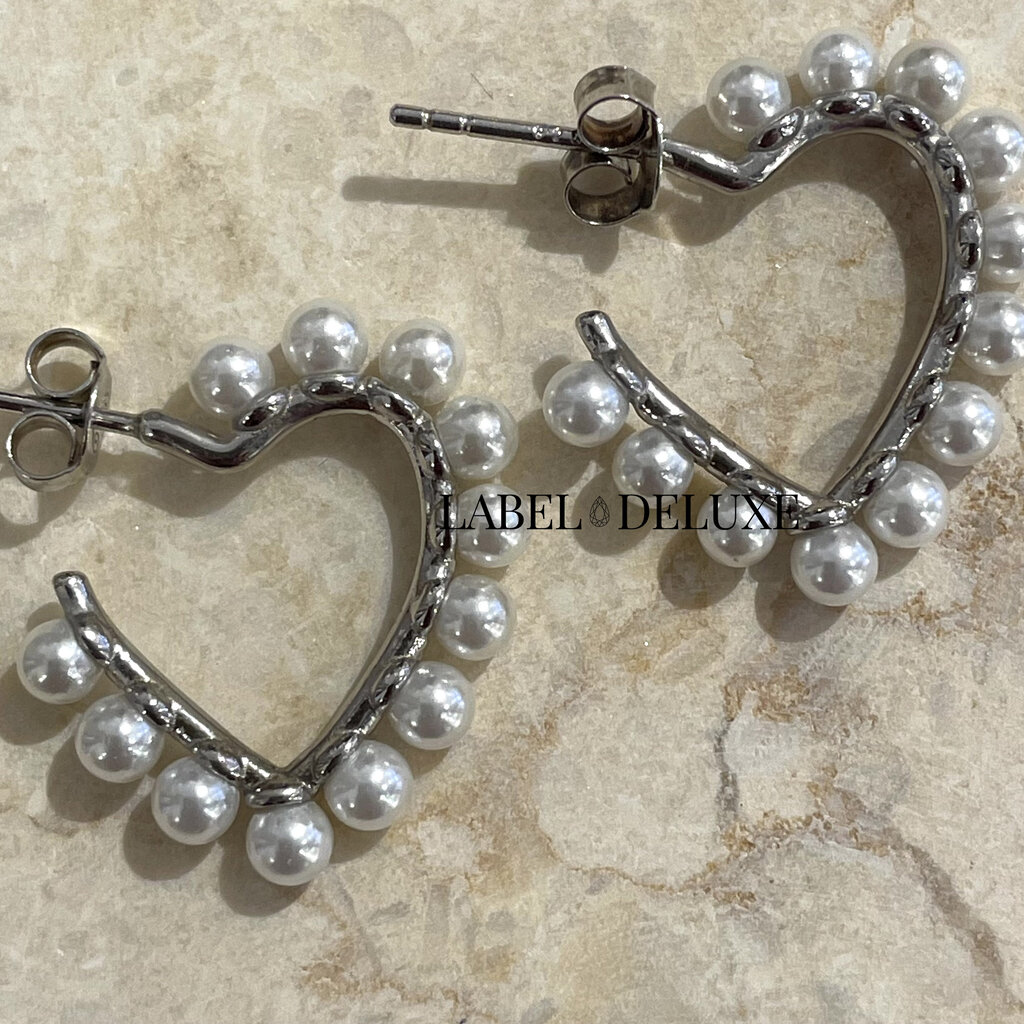 Karma Jewelry Karma Jewelry oorbellen Hearts pearls 925 silver 2,5 CM