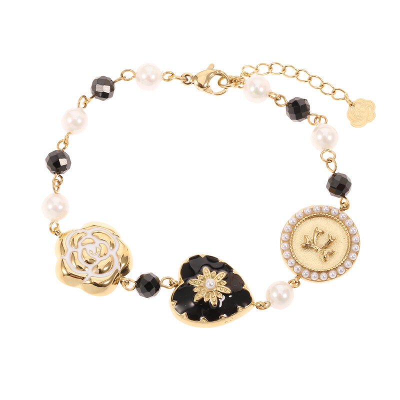 Rose & Camellia Rose & Camellia armband 4506 Bracelet Vintage flower heart black/pearl gold 16 + 3 CM