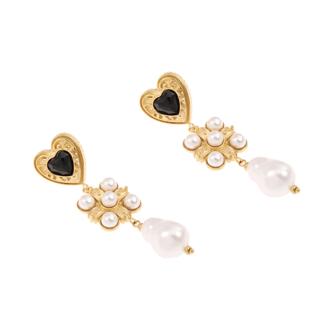 Rose & Camellia Rose & Camellia oorbellen 2505 Earrings hearts with black & pearls gold