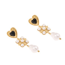 Rose & Camellia Rose & Camellia oorbellen 2505 Earrings hearts with black & pearls gold