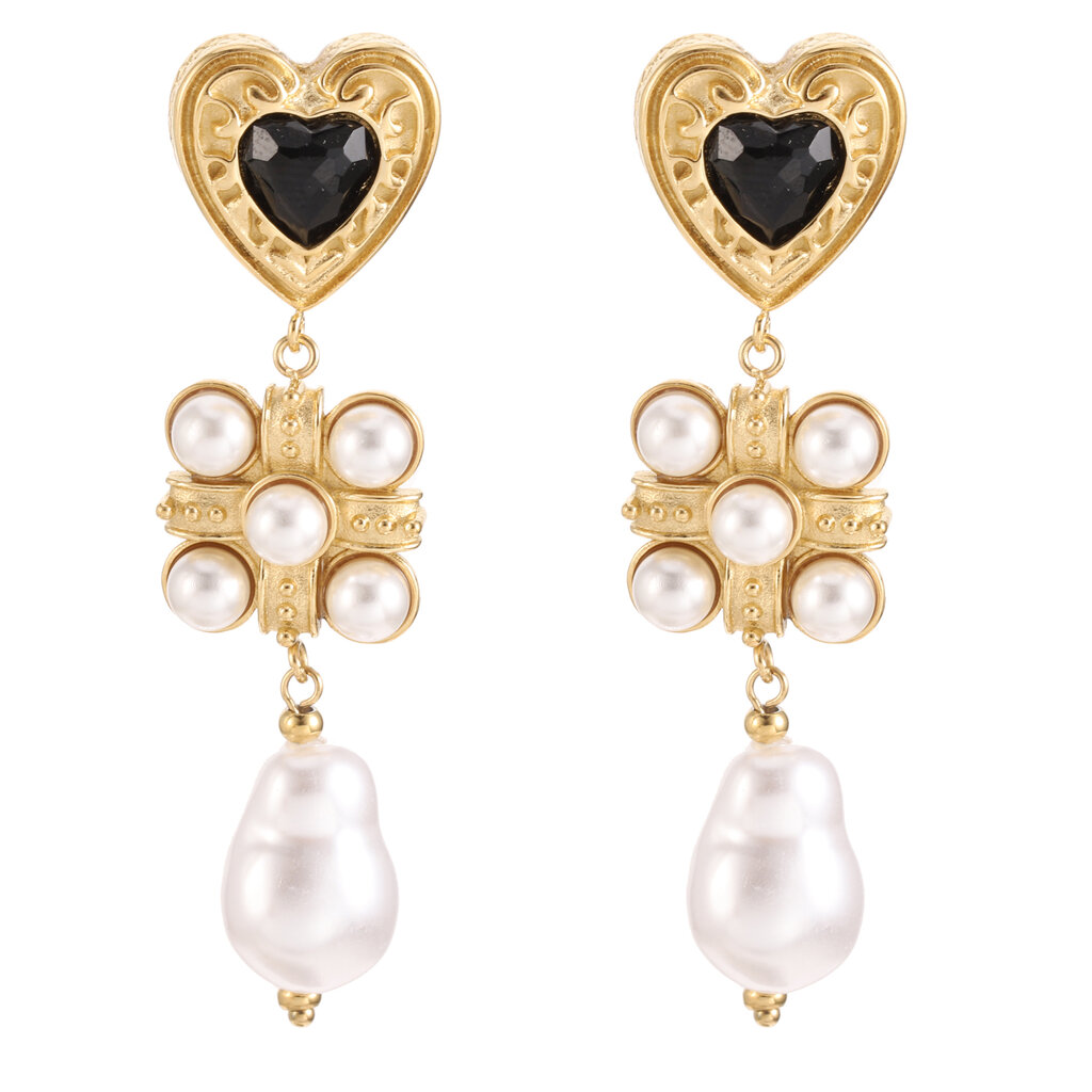 Rose & Camellia Rose & Camellia oorbellen 2505 Earrings hearts with black & pearls gold