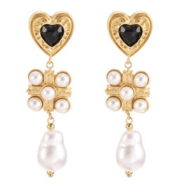 Rose & Camellia Rose & Camellia oorbellen 2505 Earrings hearts with black & pearls gold