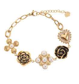 Rose & Camellia Rose & Camellia armband 4502 Bracelet Vintage Roses & Hart black with pearl gold