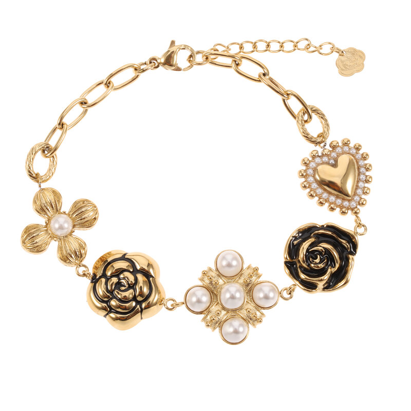 Rose & Camellia Rose & Camellia armband 4502 Bracelet Vintage Roses & Hart black with pearl gold