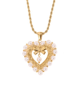 Rose & Camellia Rose & Camellia Ketting 1505 Necklace Long Big heart with bow & pearls gold 60 + 5 CM