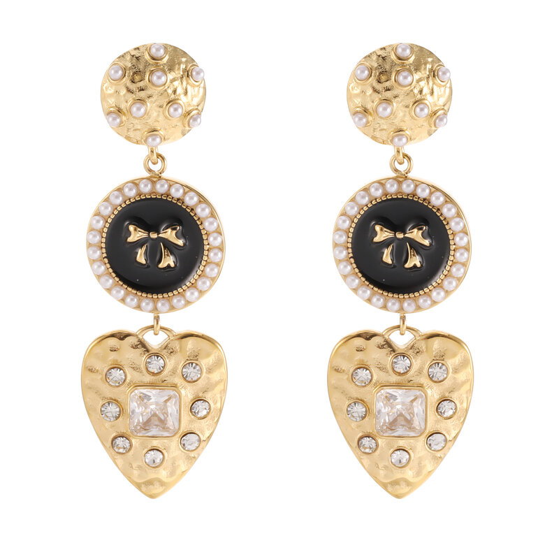 Rose & Camellia Rose & Camellia oorbellen 4503 Earrings vintage bow with heart pear, black & gold 5 CM