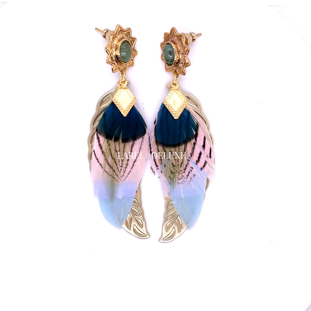 Gas Bijoux Jewelry Gas Bijoux oorbellen 298070 Sao feather earrings small size gold star aventurine green light pink and blue