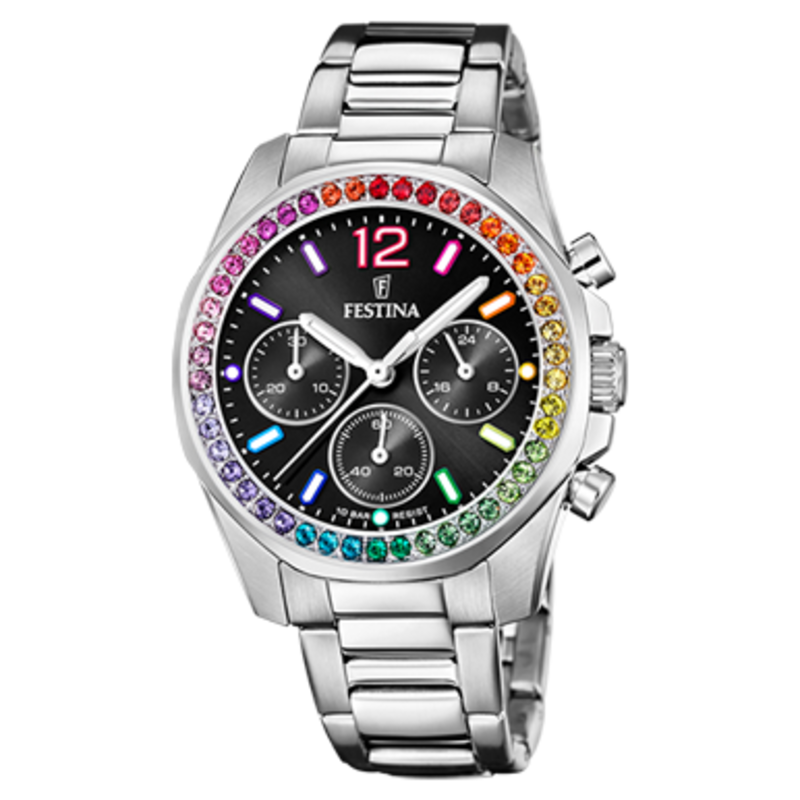 Festina Festina F20606/3 Womens Watch Boyfriend collection Silver Rainbow black ( Zilver Regenboog zwart ) 38.1 MM dames horloge