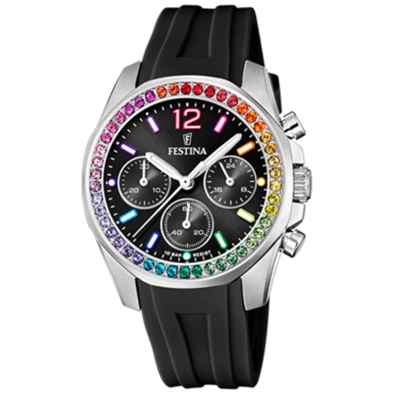 Festina Festina F20610/3 Womens Watch Boyfriend collection Black Rainbow Silver ( Zwart Regenboog Zilver ) 38.1 MM dames horloge
