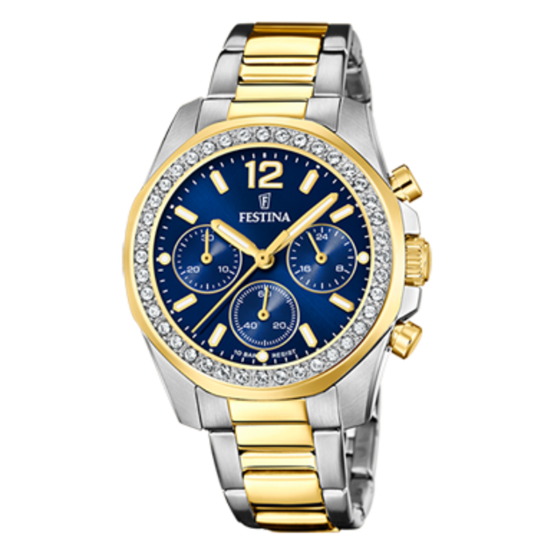 Festina Festina F20607/2 Womens Watch Boyfriend collection Gold Silver Blue ( Goud Zilver Blauw ) 38.1 MM dames horloge